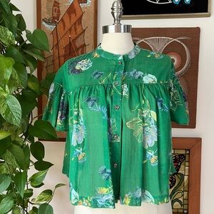 FREE PEOPLE Green Floral Short Sleeve A-line Cropped Blouse, Size S to M